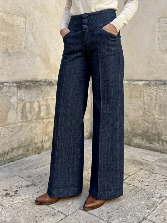 Fidelity Denim Denim - Fidelity Denim Wide Leg Trouser Jeans Dark Wash High Rise Button Detail Size 27